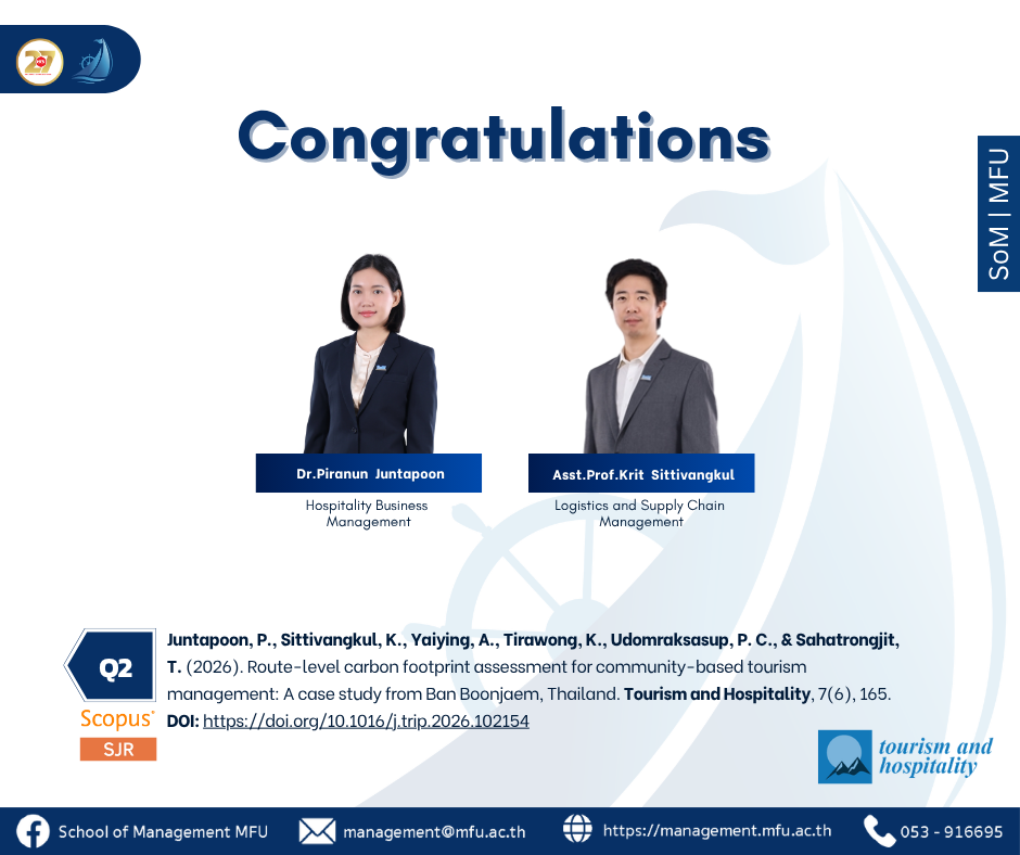 สำนักวิชาการจัดการ มฟล. ร่วมยินดีอาจารย์ผู้สร้างสรรค์ผลงานวิจัยระดับนานาชาติ เดินหน้าประเมินคาร์บอนฟุตพริ้นท์ยกระดับท่องเที่ยวชุมชนยั่งยืน