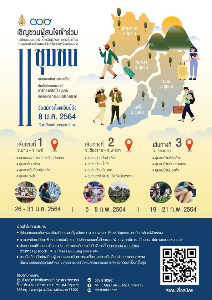 ขอเชิญชวนผู้ที่สนใจการท่องเที่ยวโดยชุมชนเชิงสร้างสรรค์ ร่วมทริปทดสอบและสร้างการรับรู้เส้นทางการท่องเที่ยวโดยชุมชนเชิงสร้างสรรค์ ในพื้นที่ 11 ชุมชน 4 จังหวัดภาคเหนือตอนบน