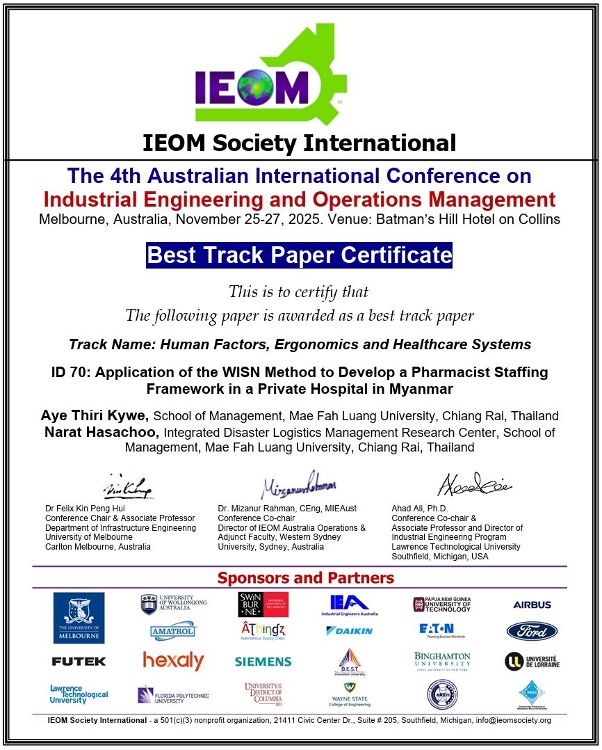 นักศึกษาปริญญาโท สำนักวิชาการจัดการ มฟล. คว้ารางวัล Best Track Paper จากเวทีวิชาการระดับนานาชาติ IEOM ณ ประเทศออสเตรเลีย