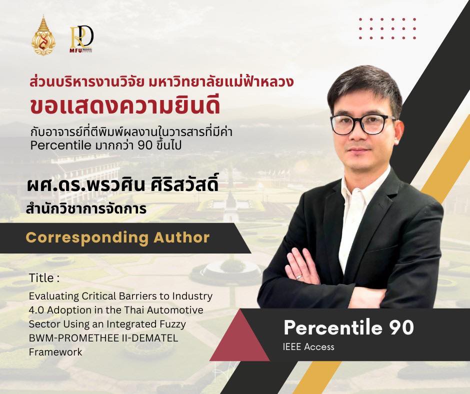 สำนักวิชาการจัดการ มฟล. ขอแสดงความยินดีกับ ผศ.ดร.พรวศิน ศิริสวัสดิ์ ในโอกาสได้รับการตีพิมพ์ผลงานวิจัยในวารสารระดับนานาชาติ Scopus Q1 (Percentile 90)